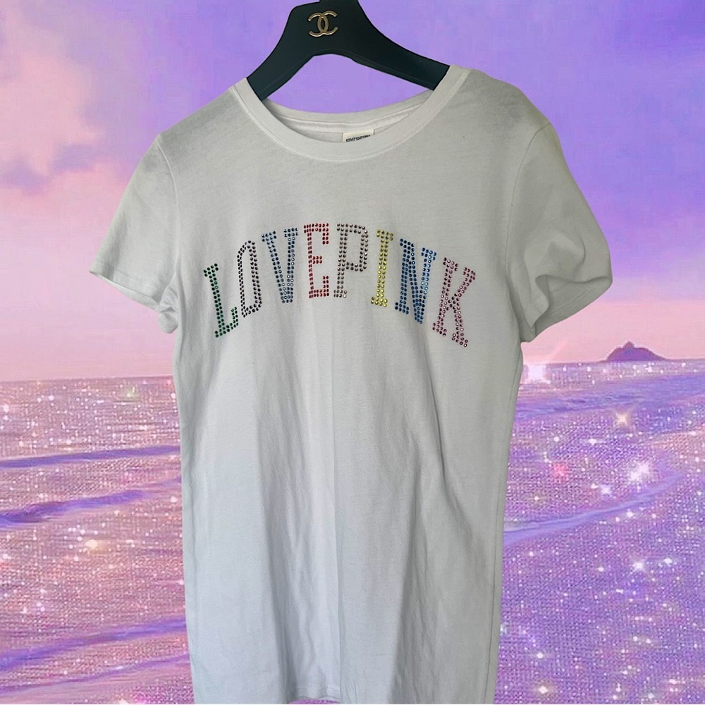 Victoria secret pink bling tshirt rainbow rhinestones sparkly shiny white y2k